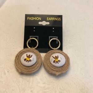 1 inch by 1inch pierced earrings burlap button